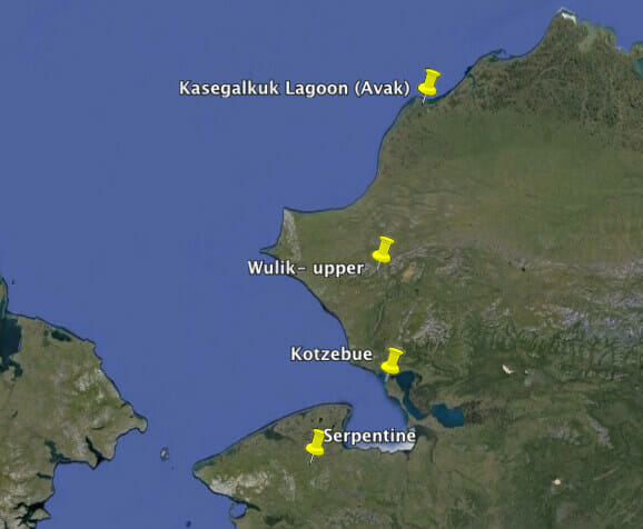 Trip map featuring Kasegeluk, Serpentine and the Wulik Peaks
