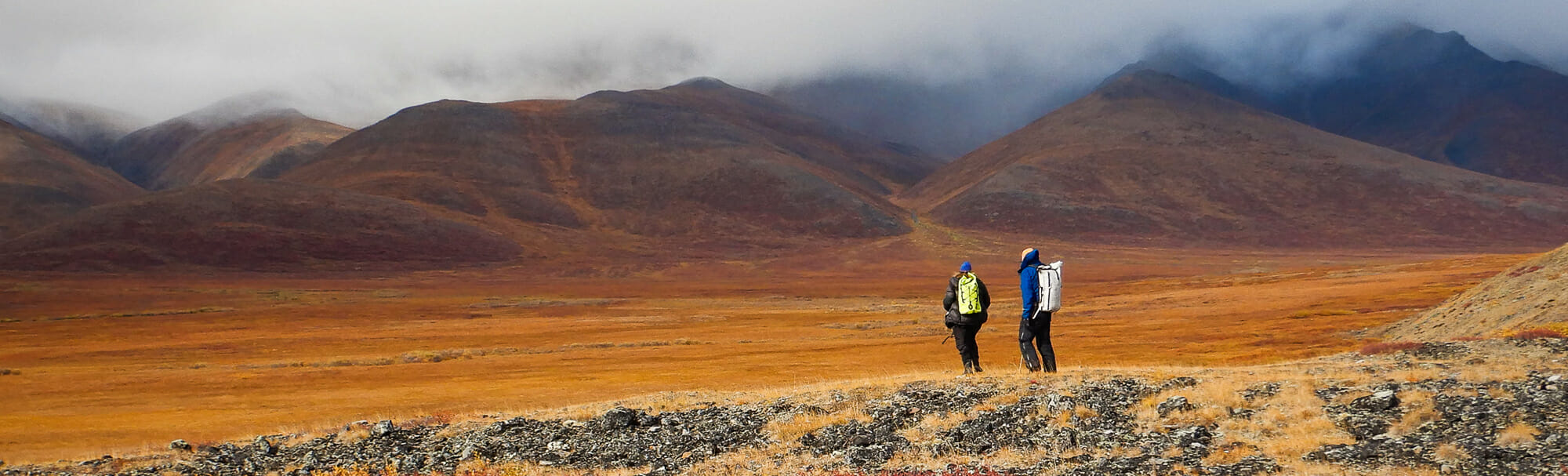 Two hikers on the autumn tundra in Arctic Alaska