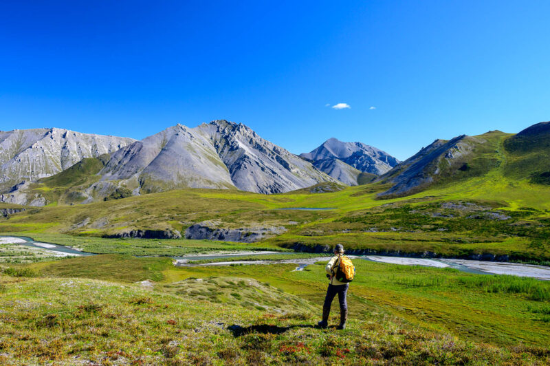 Hiking in Gates of the Arctic National Park on a sunny day.