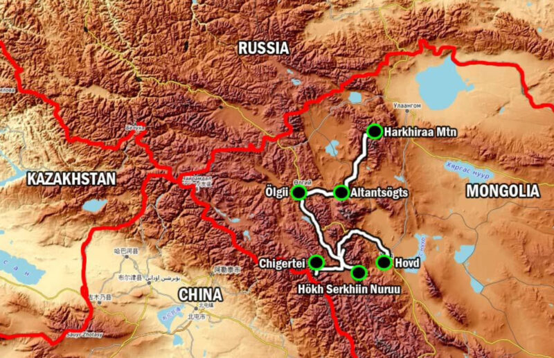 Map of areas to be visited in western Mongolia